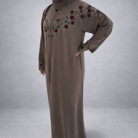 Abaya Mariam – Taupe Floral Embroidery