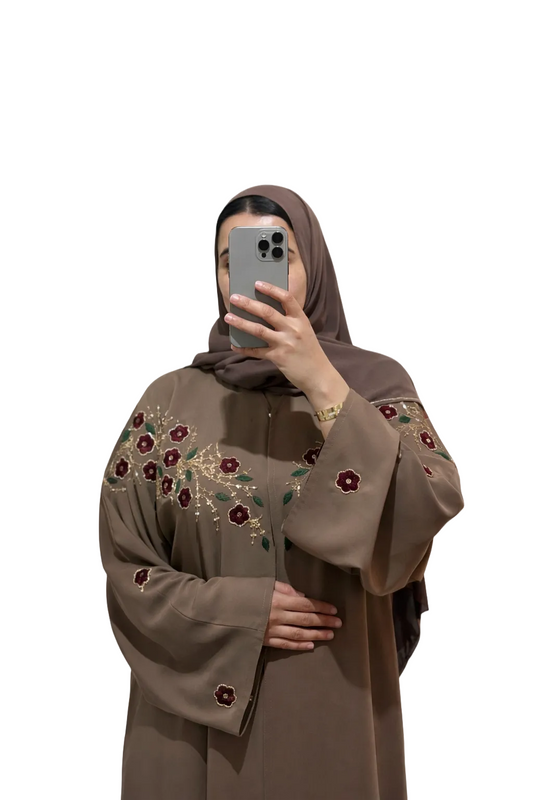 Abaya Mariam – Taupe Floral Embroidery