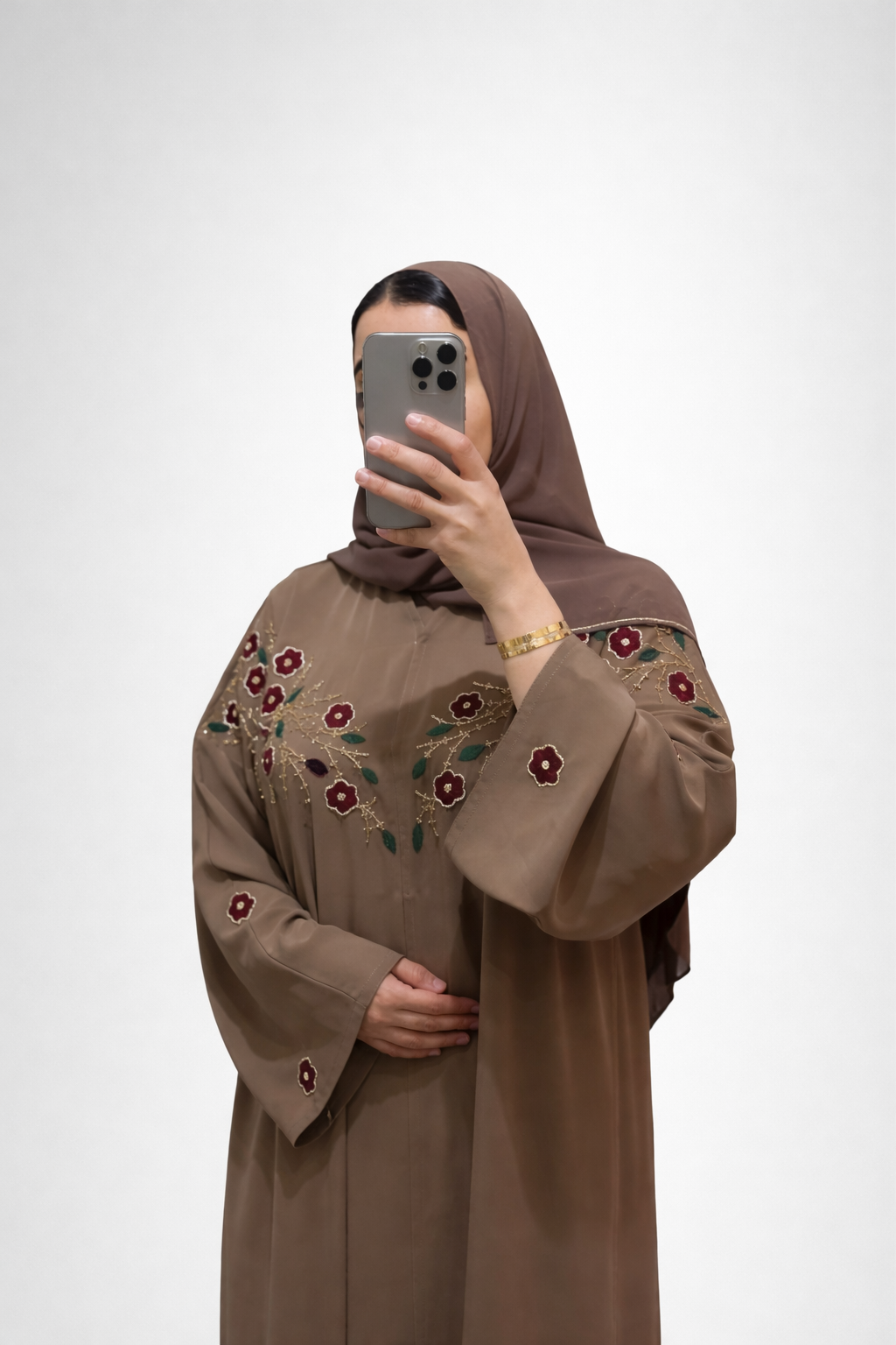 Abaya Mariam – Taupe Floral Embroidery